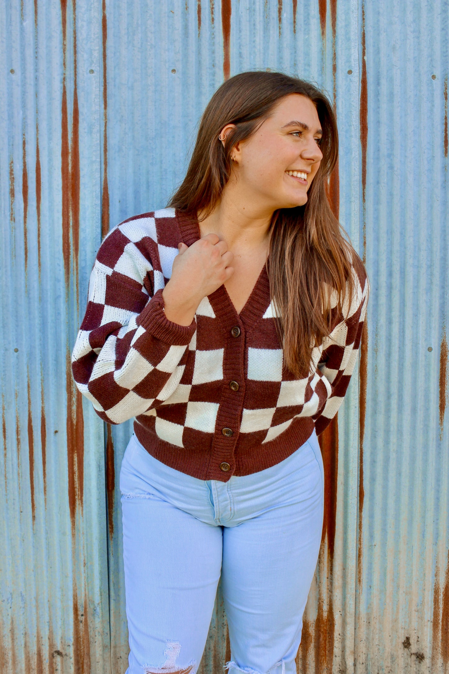 Brown Checkered Cardigan